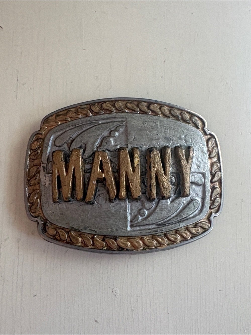 Vintage Custom MANNY Engraved Western-Style Belt Buckle in Silver and Gold